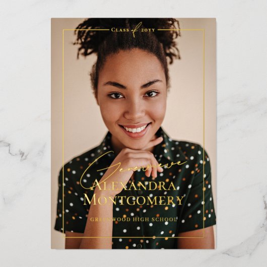 Elegant Script Grad Photo Graduation Announcement 箔招待状 (正面)