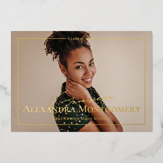 Elegant Script Grad Photo Graduation Announcement 箔招待状 (正面)