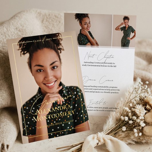 Elegant Script Grad Photo Graduation Announcement 箔招待状