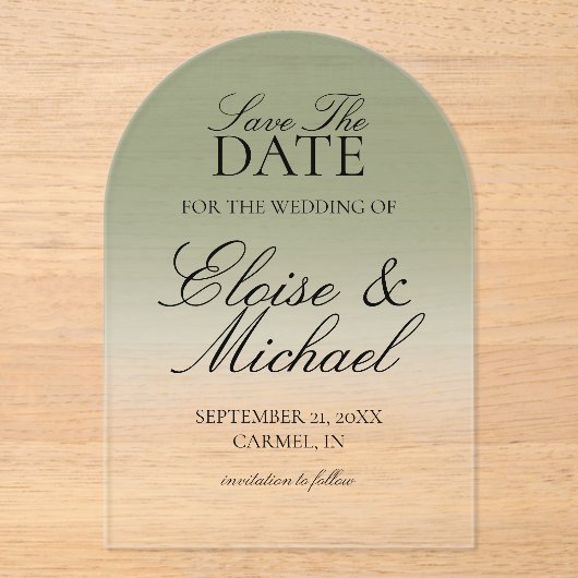 Elegant Script Green Gradient Save The Date アクリル招待状 (正面)