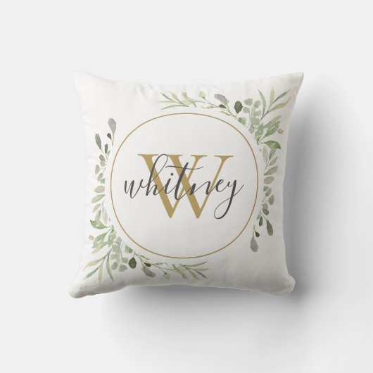 Elegant Script Greenery Monogram Initial クッション (裏面)