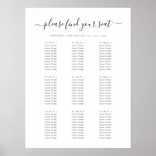 Elegant Script Guest List Wedding Seating Chart ポスター (正面)