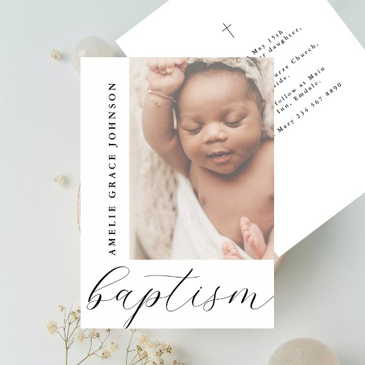 Elegant Script Hazy Baby Photo Religious Baptism 招待状