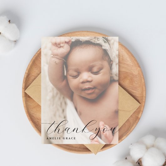 Elegant Script Hazy Baby Photo Simple Baby Shower サンキューカード