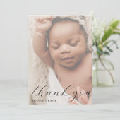 Elegant Script Hazy Baby Photo Simple Baby Shower サンキューカード (スタンド正面)