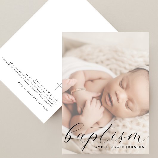Elegant Script Hazy Photo Simple Baptism 招待状