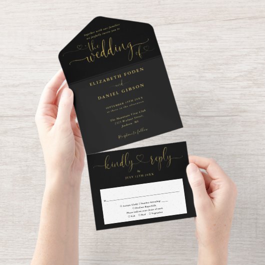 Elegant Script Hearts Minimalist Wedding Foil オールインワン招待状 (切り取り部)