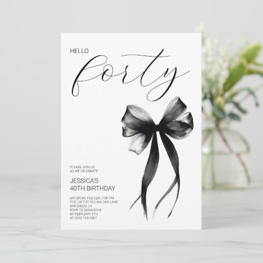 Elegant Script Hello Forty Bow 40th Birthday Party 招待状 (スタンド正面)