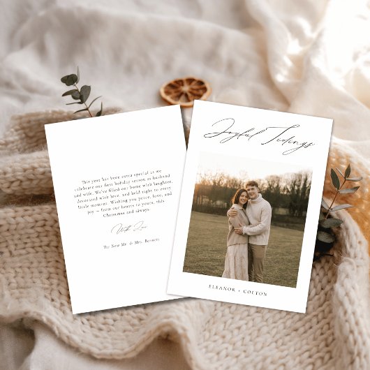 Elegant Script Joyful Tiding Boho Newlywed Photo シーズンカード