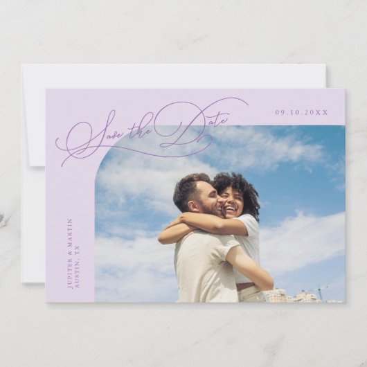 Elegant Script Lilac Curved Frame Photo セーブザデート (正面)