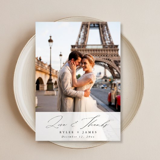 Elegant Script Love & Thanks Wedding Photo Card 招待状