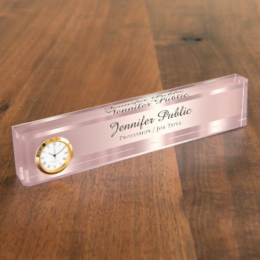 Elegant Script Luxurious Rose Gold With Clock デスクネームプレート (側面)