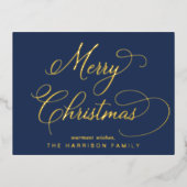 Elegant Script Merry Christmas Blue Photo 箔シーズンポストカード (正面)