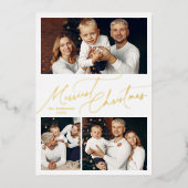 Elegant Script Merry Christmas Family 3 Photo 箔シーズンカード (正面)