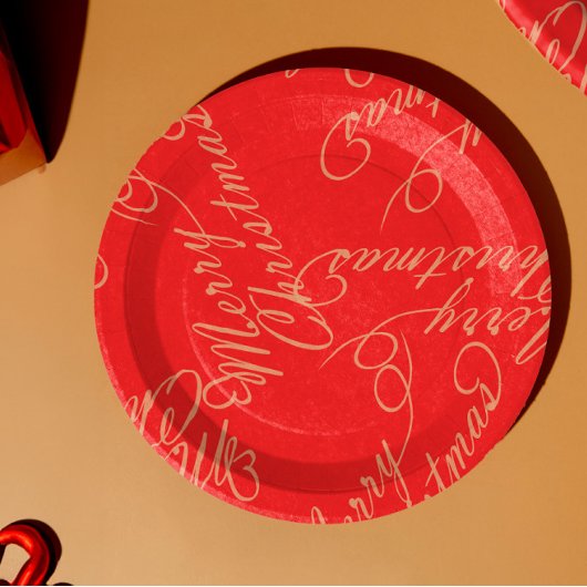 Elegant Script Merry Christmas Pattern/ Red & Gold ペーパープレート