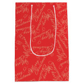Elegant Script Merry Christmas Pattern/ Red & Gold ミディアムペーパーバッグ (裏面)