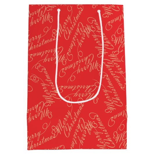Elegant Script Merry Christmas Pattern/ Red & Gold ミディアムペーパーバッグ (裏面)