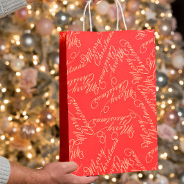 Elegant Script Merry Christmas Pattern/ Red & Gold ミディアムペーパーバッグ