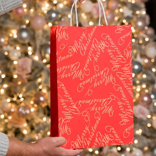 Elegant Script Merry Christmas Pattern/ Red & Gold ミディアムペーパーバッグ