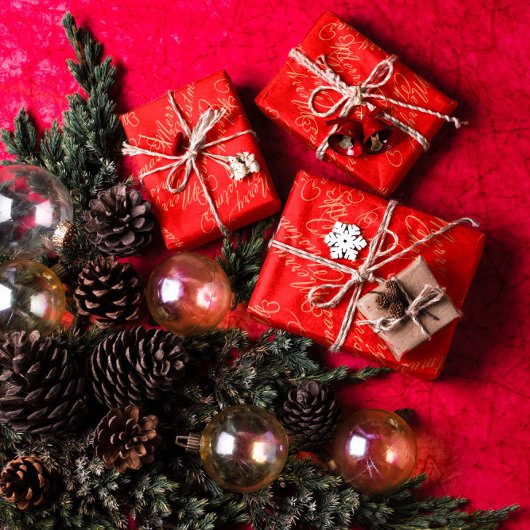 Elegant Script Merry Christmas Pattern/ Red & Gold ラッピングペーパーシート