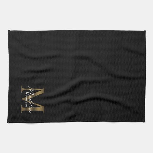 Elegant Script Metallic Black Gold Monogram キッチンタオル (横)
