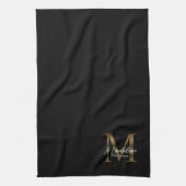 Elegant Script Metallic Black Gold Monogram キッチンタオル (縦)