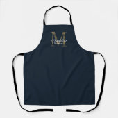 Elegant Script Metallic Navy Blue Gold Monogram エプロン (正面)