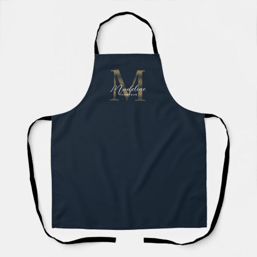 Elegant Script Metallic Navy Blue Gold Monogram エプロン (正面)