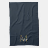 Elegant Script Metallic Navy Blue Gold Monogram キッチンタオル (縦)