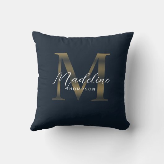 Elegant Script Metallic Navy Blue Gold Monogram クッション (裏面)