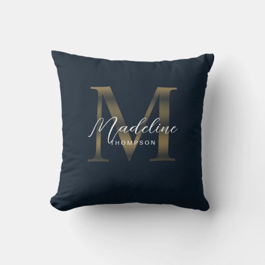 Elegant Script Metallic Navy Blue Gold Monogram クッション (正面)
