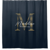Elegant Script Metallic Navy Blue Gold Monogram シャワーカーテン (正面)
