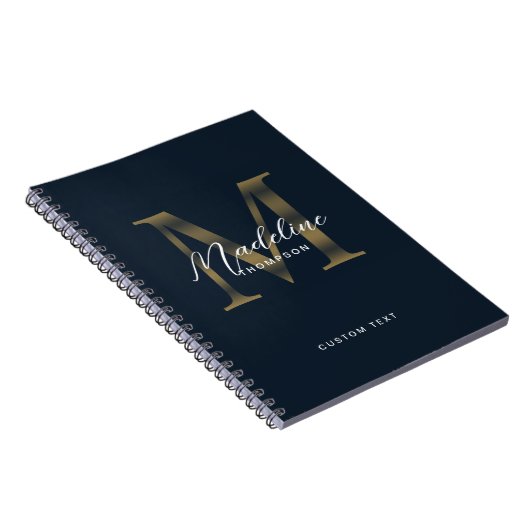 Elegant Script Metallic Navy Blue Gold Monogram ノートブック (右側)