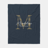Elegant Script Metallic Navy Blue Gold Monogram フリースブランケット (正面)