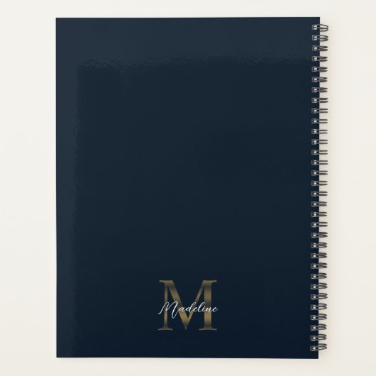 Elegant Script Metallic Navy Blue Gold Monogram プランナー手帳 (裏面)