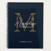 Elegant Script Metallic Navy Blue Gold Monogram プランナー手帳 (正面)