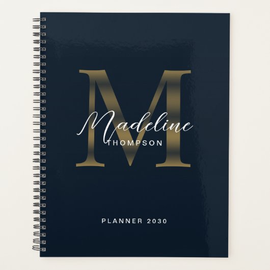 Elegant Script Metallic Navy Blue Gold Monogram プランナー手帳 (正面)