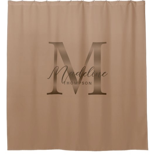 Elegant Script Metallic Taupe Gold Monogram シャワーカーテン (正面)