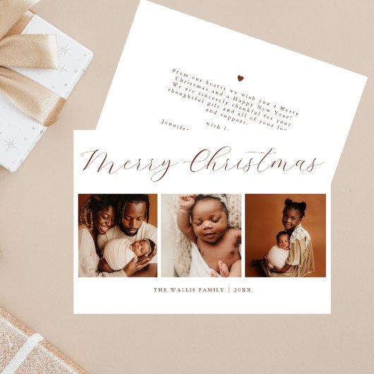 Elegant Script Minimal 3 Photo Merry Christmas シーズンカード