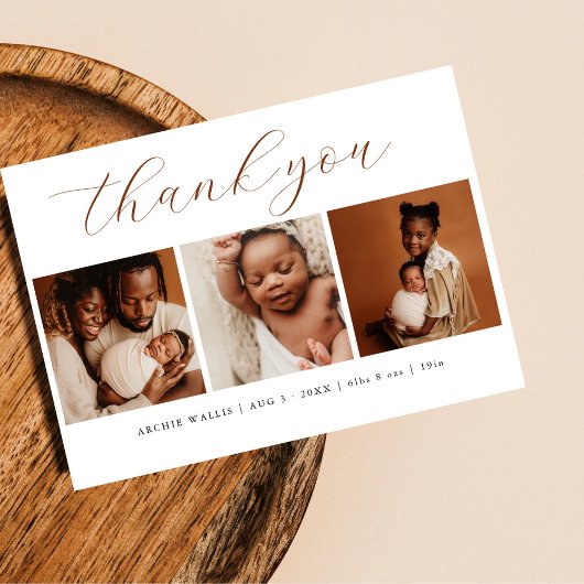 Elegant Script Minimal 3 Photo Thank You New Baby 案内状