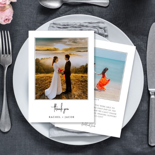 Elegant Script Minimalist 2-Photo Wedding サンキューカード