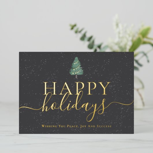 Elegant script modern festive pine tree Business 箔シーズンカード (立ち正面)