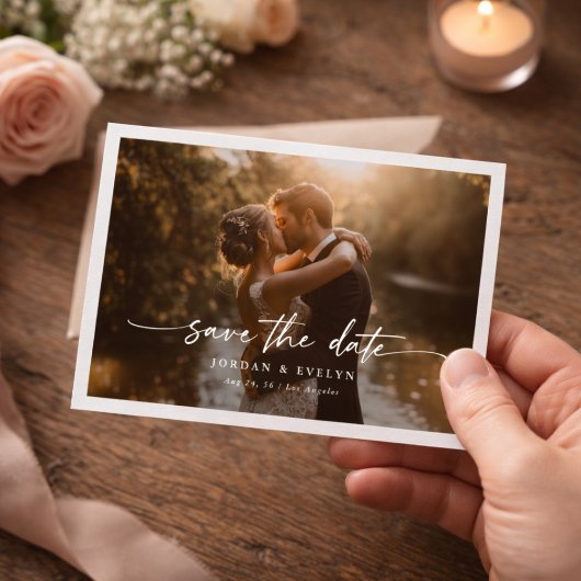 Elegant Script Modern Overlay Photo Wedding セーブザデート