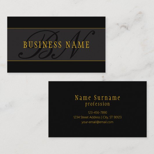 Elegant Script Monogram Black & Gold 名刺 (正面/裏面)