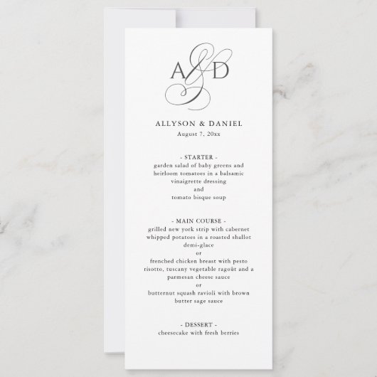 Elegant Script Monogram Classic Wedding Menu 招待状 (正面)