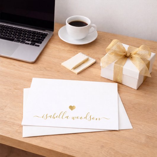 Elegant Script Name Faux Gold Foil Heart  ノートカード