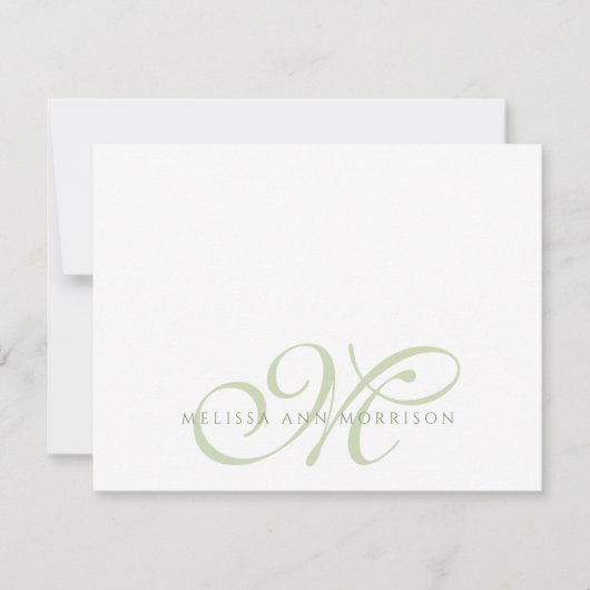 Elegant Script Name Green Monogram Flat Note Card ノートカード (正面)