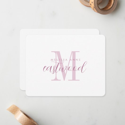 Elegant Script Name Pink Monogram Flat Note Card ノートカード (正面/裏面インサイチュ)