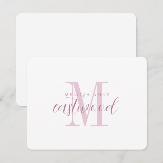 Elegant Script Name Pink Monogram Flat Note Card ノートカード (正面/裏面)