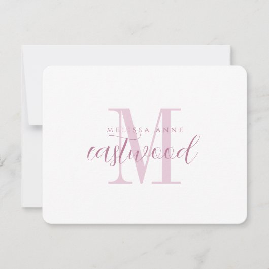 Elegant Script Name Pink Monogram Flat Note Card ノートカード (正面)